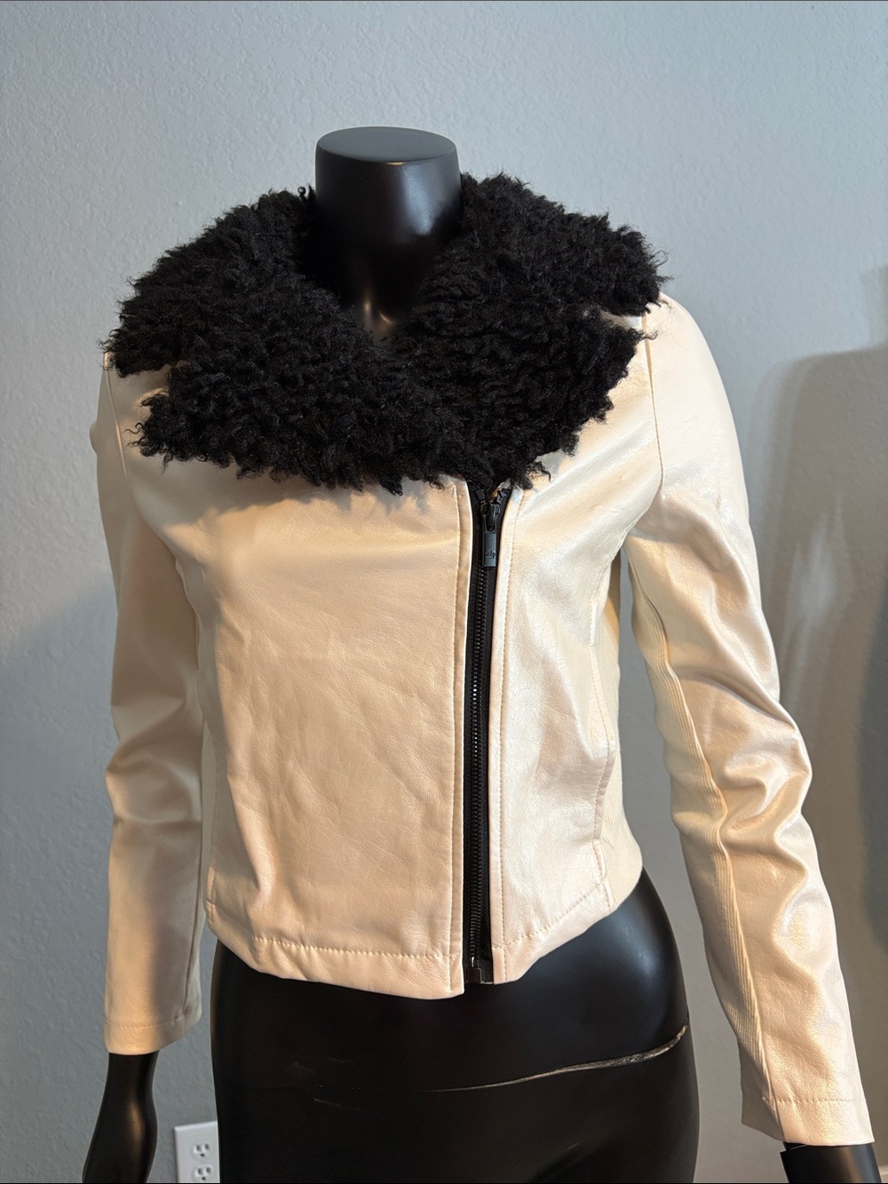 Juicy Couture Cream Faux Leather Jacket with Black Faux Shearling Collar
